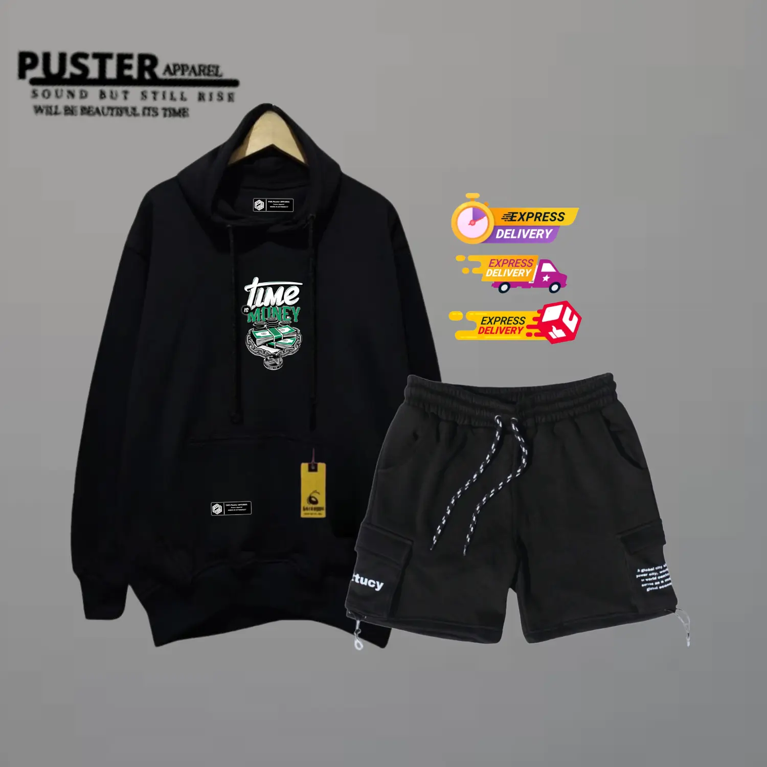 Pria Stelan Oneset Hoodie Celana Pendek Pria Wanita Distro Stelan Sweater Celana Cargo Bahan Flece Brend Puster Apparel Size M L XL XXL Setelan Hitam Polos Dewasa Katun