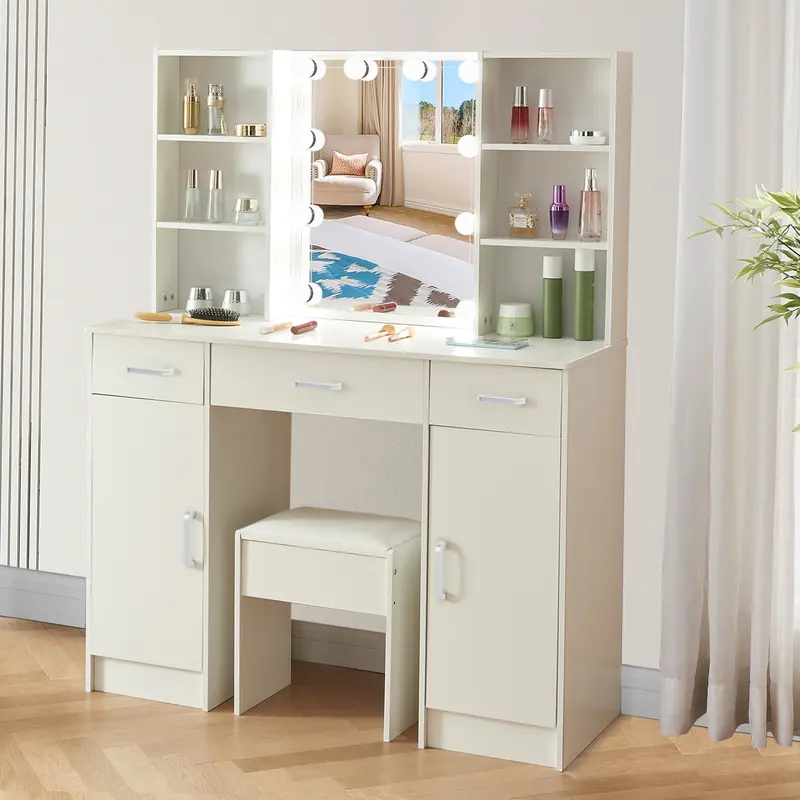 White Dressing Table with Adjustable LED Lights Mirror 3 Color Temperatures Vanity Desk with 3 Drawers and 2 Cabinets Large Makeup Desk Bedroom Dresser 3
