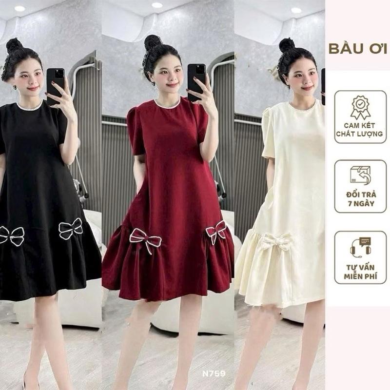  Váy bầu cộc tay đính nơ điệu đà mã mới nhất 2025 B350 