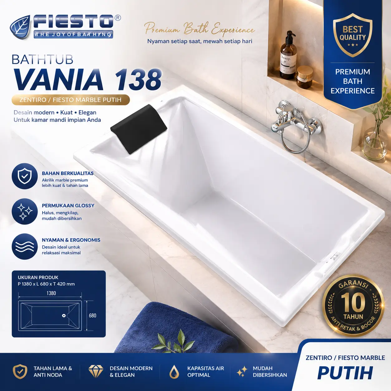Bathtub Zentiro/Fiesto Marble Putih Tipe VANIA 138