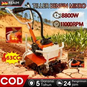 REAIM 【63CC 11000RPM 8800W】Versi yang ditingkatkan Mini Tiller Bensin MultifungsiMesin Pengolah TanahMikro [Aluminium Ringan] untukPertanian & Kebun Cocokuntuk Pembajakan, Parit &Reklamasi Lahan Mudah dinyalakan dan dioperasikan