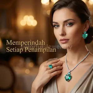 COLOS23 Set perhiasan kalung dan anting safir hati laut berlian penuh mewah