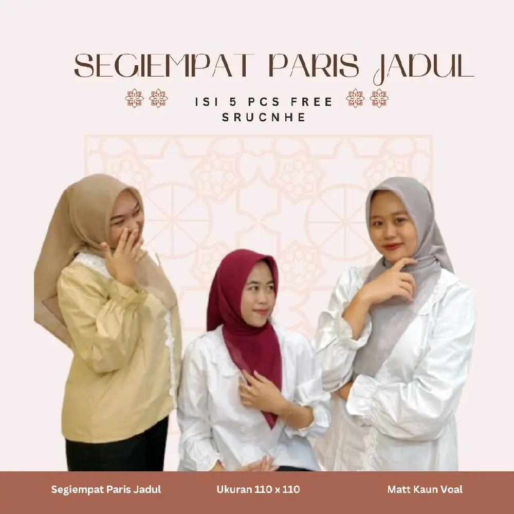 PAKET HEMAT ISI 5 PCS FREE SCRUNCHE Hijab Segiempat Paris Jadul by Afiqa