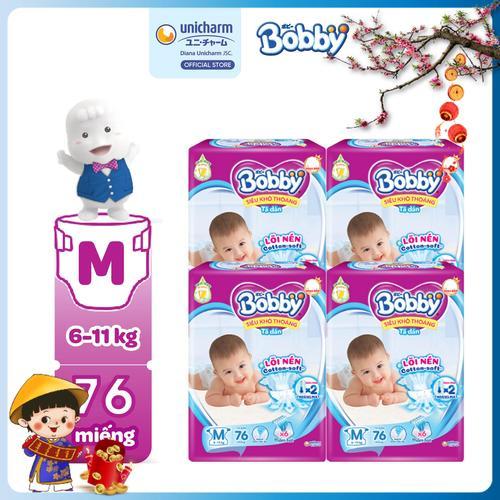COMBO 4 Bobby Tã bỉm dán M76 Siêu khô thoáng lõi nén cotton-soft Cho bé