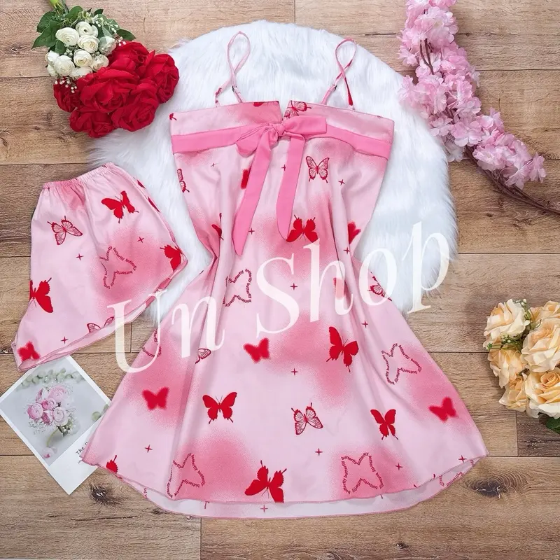 Váy Ngủ Luạ 2 Dây, Phối Nơ Dễ Thương, Freesize 40kg-75kg. Đầm Ngủ Nữ Nhung Voi Sen Nâu