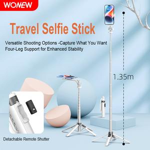 WONWE BR43 Pro 1.35M Magnetic & Clip Combo Multi-Function Selfie Stick Tripod All-in-1 Extendable Phone Holder with Detachable Remote, Four-Legged Support Frame Floor Stand for Travel & Vlog