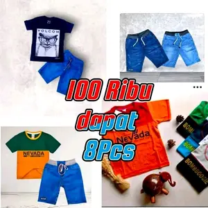 Paket 8 PCS Kaos Motif Random & Celana Jeans Hitam Biru 4 setel Baju Celana Jeans Anak Setelan Fashion dan set anak