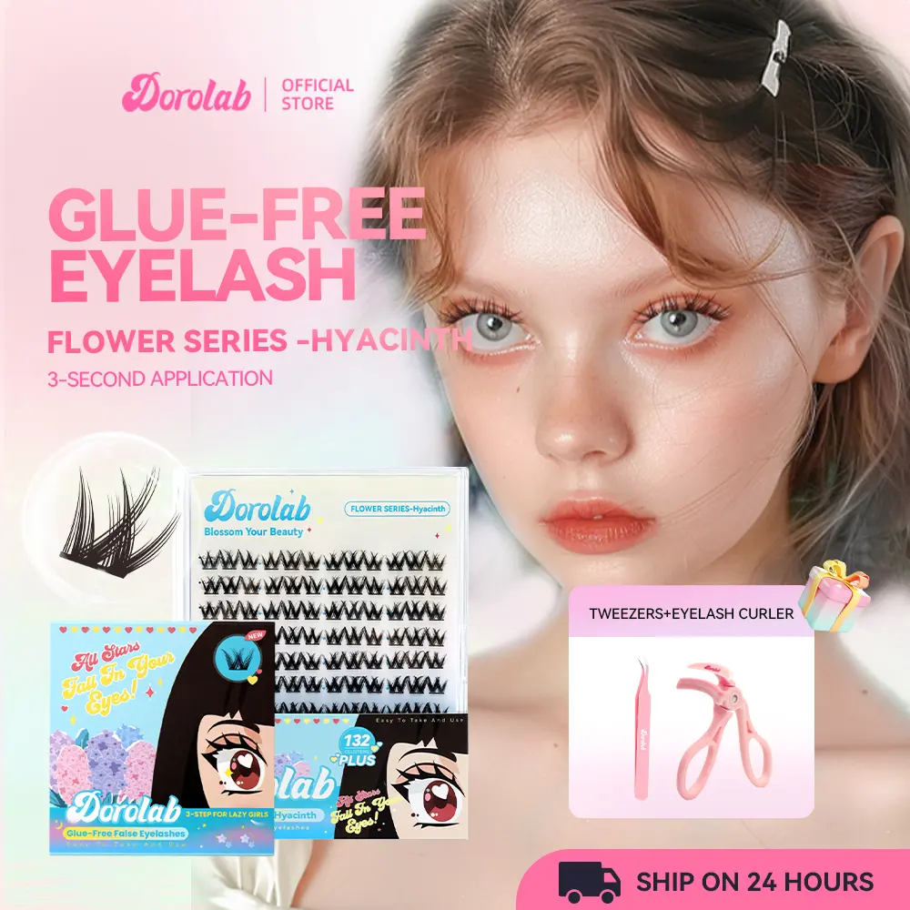 DOROLAB 【Glue-free eyelashes】【new】Eyelash extension set【hyacinth】D Curl False Eyelash Length 8-14mm--Small box 36 clusters, large box 132 clusters--PBT Antibacterial material For Women Makeup Cosmetic