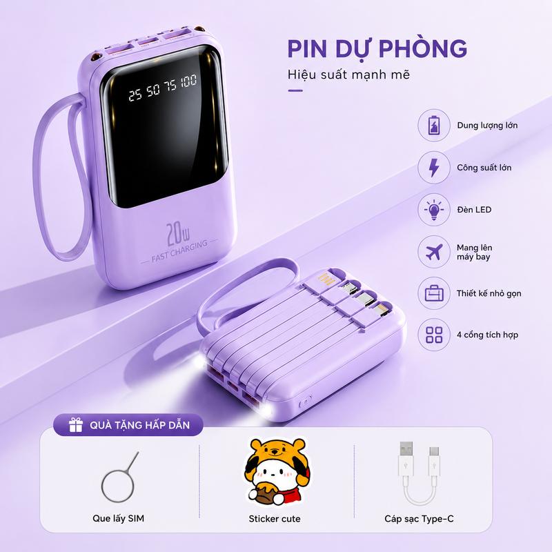 Bộ sạc dự phòng 20000mAh với 4 cáp LED và đèn chiếu sáng 20WSạc nhanh Large capacity, ultra-thin, compact and portable