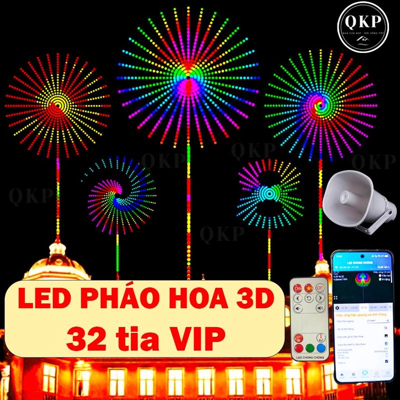   Bản Siêu VIP  LED pháo hoa VIP 3D 24-32 tia - Có App - Loa - Remote - Chữ tuỳ chỉnh - Hiệu ứng 3D - Hào quang -  Đường kính 2,1m 
