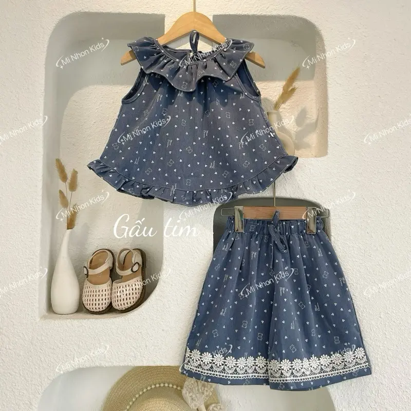 (Mi Nhon Kids) - Bộ đồ chất liệu bò giấy cho bé gái, quần xuông ngố phối ren cực xinh cho bé yêu diện hè