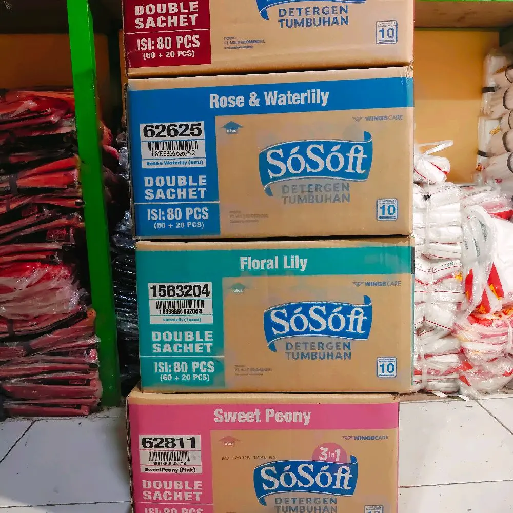 Sosoft Detergen Tumbuhan Double Sachet 80 PCS Rose & Waterlily Floral Lily Sweet Peony 3in1