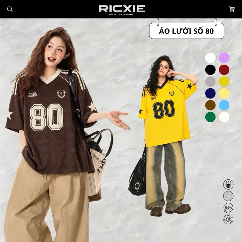 RICXIE Áo Thun Lưới Nam Nữ Số 80 Oversize Phối Bóng Chiếu Cao Cấp Tốp Áo Thể Thao Basic Hottrend Casual