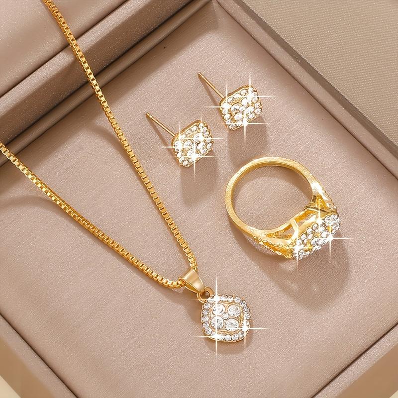 【Sản Phẩm Bán Chạy Nhất】Bộ Trang Sức Cao Cấp Đính Kim Cương, Gồm Dây Chuyền Hình Học, Nhẫn Và Bông Tai, Bộ 3 Món Thời Trang Đa Năng - TC8325 Jewelry Set