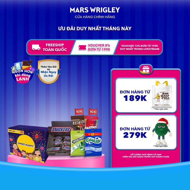 FAMILY BOX - 1 Túi Cool-Air 50 gói + 10 gói Kẹo socola M&M's vị sữa 14.5g + 10 gói kẹo trái cây Skittles 15g + Hộp kẹo socola Snickers 12 thanh 20g và 1 Túi kẹo ngậm DoubleMint 30 gói