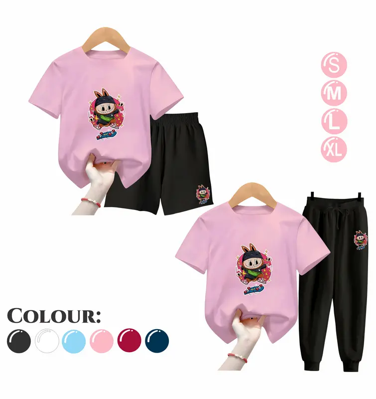 Baju Setelan Anak UNISEX - Pakaian Kaos dan Celana Fashion Anak Laki Laki dan Perempuan Usia 5-15 Tahun - Motif SKATEBOARD LABUBU Maroon 2