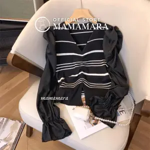 MAMAMARA - Atasan Knitwear Garis V-Neck Rajut Wol Blouse Santai Salur Setrip Elegant Wanita Top Baju