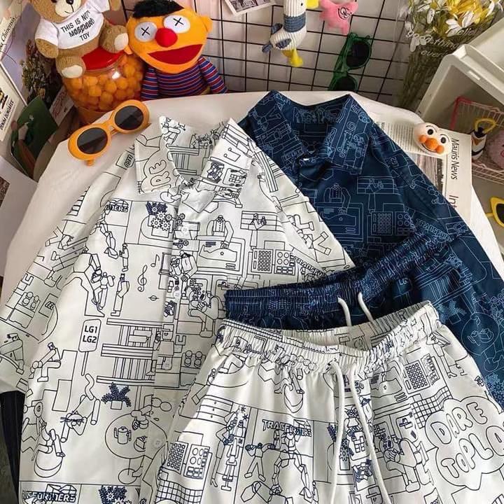 Set bộ quần áo cộc unisex nam nữ cực đẹp Set quần áo sơ mi cộc phom rộng mặc đi chơi đi biển đi du lịch Menswear Trắng Cotton