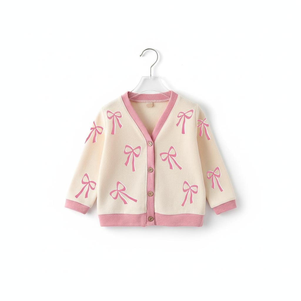 CAIFU Jaket Cardigan Pita Cream Anak Perempuan Lengan Panjang Y2K Usia 3-12 Tahun Bahan Lembut Halus Nyaman Adem Variasi Warna Pastel Cantik Fashion