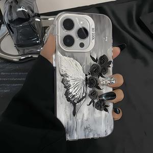 กุหลาบผีเสื้อเข้ากันได้กับเคส iPhone16 พรีเมี่ยม Sense iPhone15 ใหม่ iPhone14 ป้องกันการตก 13/12 สีเงินความคิดสร้างสรรค์ 11 / XSMax การ์ตูน XR / XS / 8Plus ‌สำหรับผู้ชายและผู้หญิง