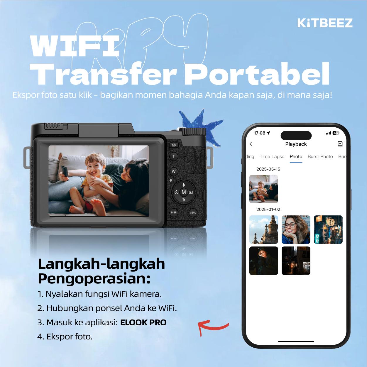 【KiTBEEZ KP-4】 Kamera Digital 5K WiFi 75MP dengan Zoom Digital 18X, Layar Putar 180°, Flash Intelligent Muncul Otomatis untuk Selfie & Pembuatan Vlog 【KiTBEEZ KP-4】 Kamera Digital 5K WiFi 75MP dengan Zoom Digital 18X, Layar Putar 180°, Flash Intelligent Muncul Otomatis untuk Selfie & Pembuatan Vlog