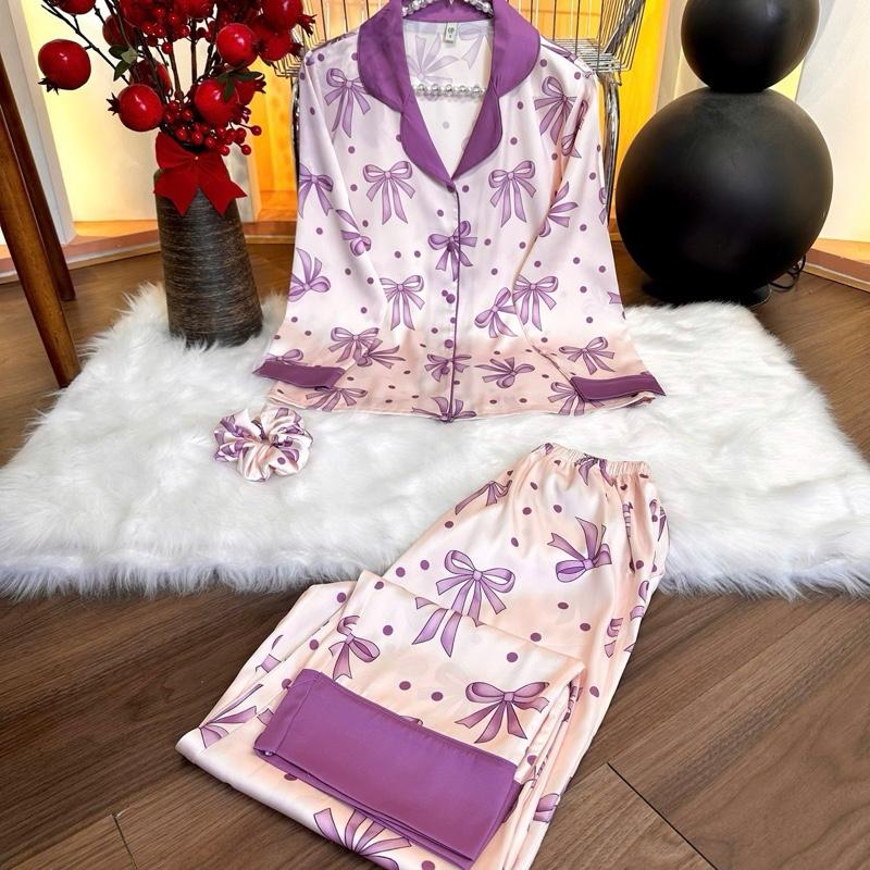 LATIN SPK K10 (45-85kg) - Pijama latin spk lụa mịn thiết kế hoạ nơ dễ thương, có tay ngắn tay dài Nữ Women Quần Ngủ Áo Ngủ