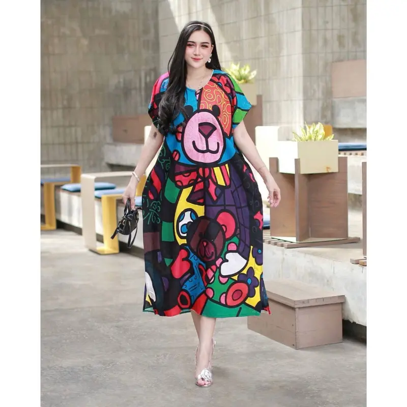 Daster Lowo Jumbo Busui LD 130 Resleting Depan Motif Karakter Kartun Kekinian Home Dress Rayon Wanita Bumil 1