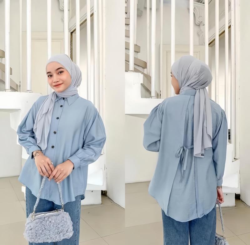 Atasan Kemeja Basic Wanita Tali Belakang Polos Bahan Polo Linen Premium 0