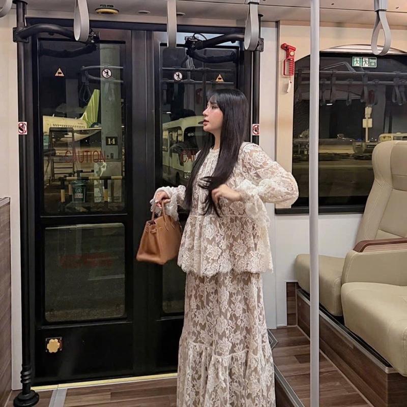   Bầu Mặc Được- Hàng 2 Lớp   Set Áo Ren Hoa BabyDoll Tiểu Thư Tay Loe Phối Chân Váy Tầng Xoè Dài Sang Chảnh by Hp 