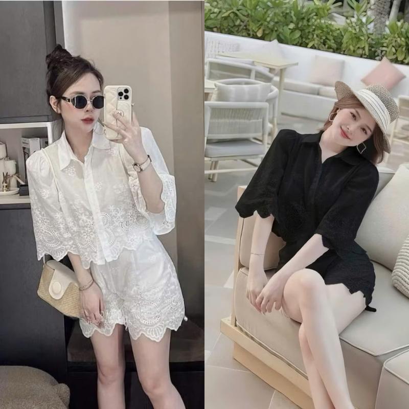  BIGSIZE HIẾU HIẾU  55-95KG  - Set thời trang nữ ren hoa mùa hè đi biển Áo sơ mi tay lửng + Quần đùi ngắn S533 