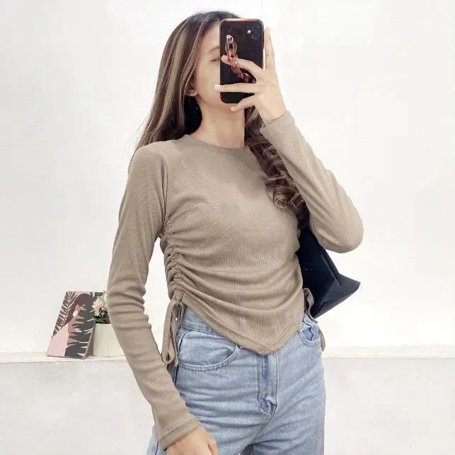 Valen Knit Blouse Serut Pinggang Knitwear Atasan Wanita Baju Rib Crop Panjang Tebal