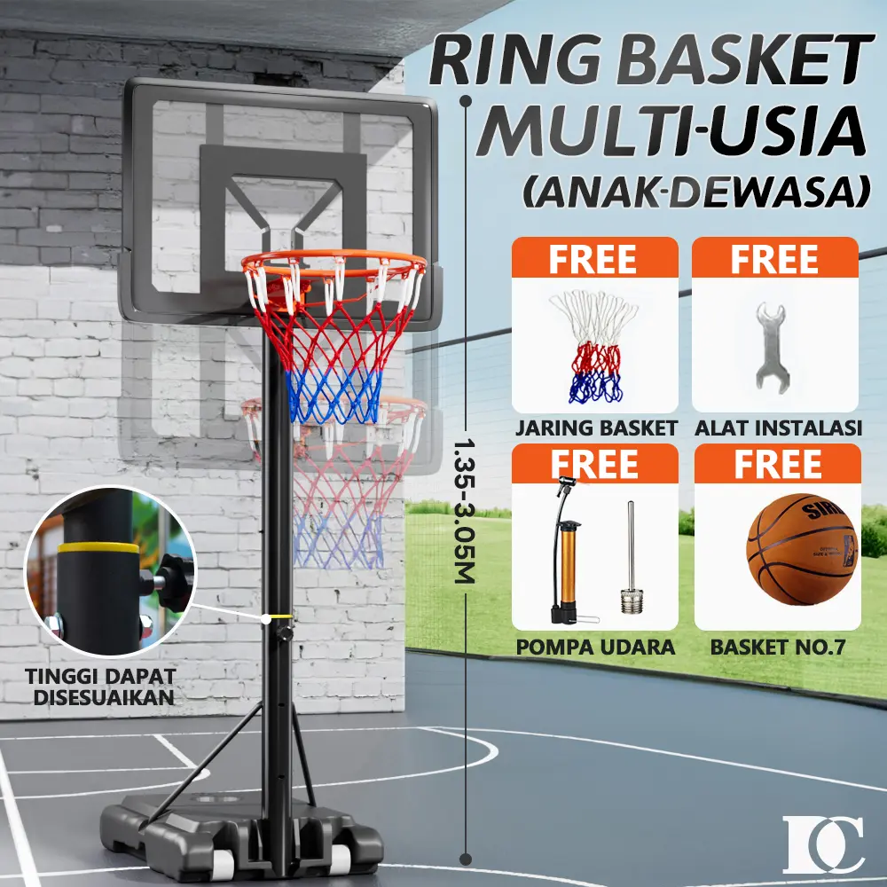 [Bonus Bola Basket Ukuran 7 + Pomp] Ring Basket Portabel Tinggi Bisa Diatur 1.35-3.05M - Cocok untuk Anak & Dewasa/Stand bola Basket