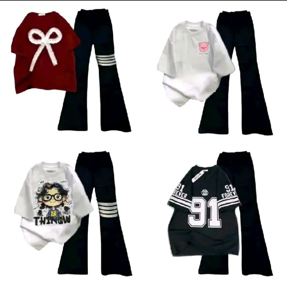 Tổng Hợp Set Bộ Quần Ống Loe Co Dãn + Mix Áo Phông Unisex Form Thụng