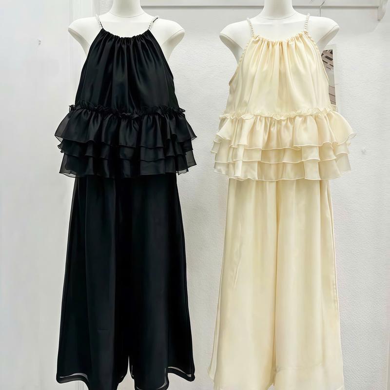 Set đồ nữ thiết kế áo cổ yếm đính cườm cổ tùng xoè tầng phối quần dài ống rộng chất tơ ánh kim 2 lớp sang chảnh, dễ thương, xinh xắn phù hợp cho các nàng diện đi tiệc, đi biển, đi du lịch