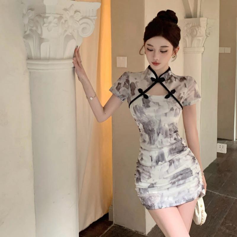 Ăn Mặc sườn xám cách tân Phụ Nữ Phụ Nữ tay ngắn Trên Đầu Gối cổ áo Trung Quốc eo cao Thời Trang Thanh Lịch Bodycon Hoa Ngọt Ngào 2024 tiệc tối Buổi Tối Women Dress váy dầm cỡ lớn Plus Size 4