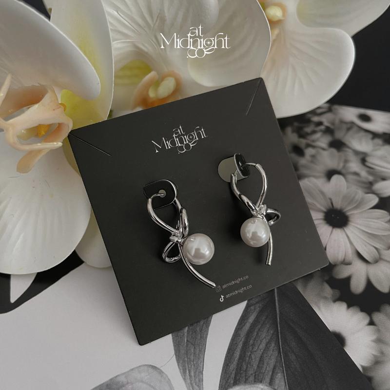 Ricky Ribbon Faux Pearl Earrings - Silver - TikTok Shop Singapore