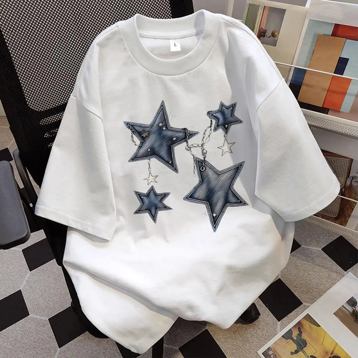 GF Kaos Wanita Boxy Star Motif Printed Slim Fit T shirt Pria Oversize Basic Unisex Tee Katun Combed Bahan Nyaman Baju Atasan Wanita - Kaos Bintang Cowok - Kaos Oversize Kece - Kaos Gambar Lucu Ngakak - Y0383