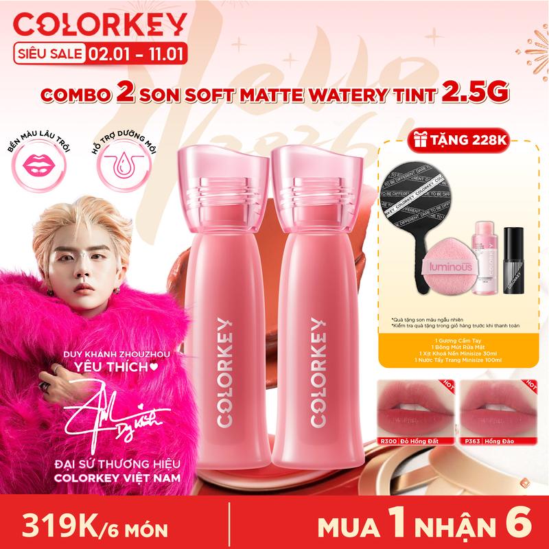 OFFICIAL Combo 2 Son COLORKEY Soft Matte Water Tint Bản Nâng Cấp Bền Màu Chất Son Ẩm Mịn Như Sương 2.5g Quà tự động thêm vào đơn