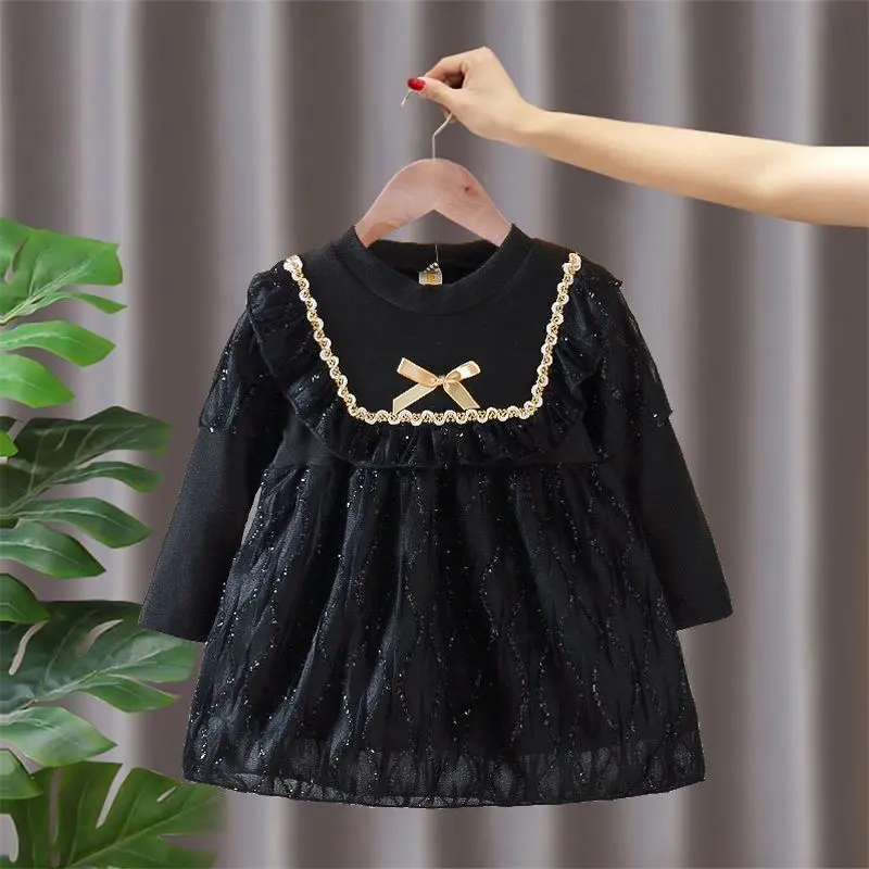 Gaun Pesta Anak Perempuan Elegant Tangan Panjang dengan Aksesoris Pita dan Glitter untuk Usia 1-5 Tahun - Fashion 3