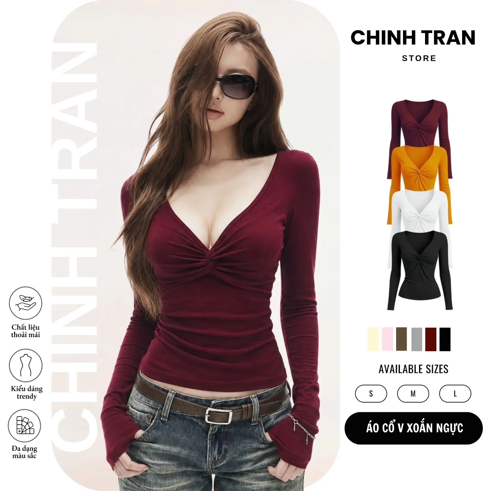 [MỞ BÁN] Áo Thun Xoắn Ngực Dài Tay Ôm Body Thiết Kế Xẻ V Nữ Tính