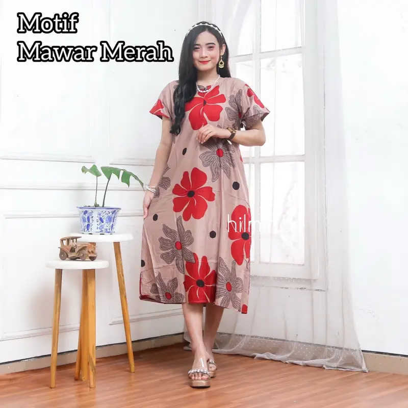 Daster Gadis Remaja Mocha Mousse Cappucino Rayon Homedress  LD 110 Motif Cantik Midi Busui Friendly Lembut Nyaman Bunga 2