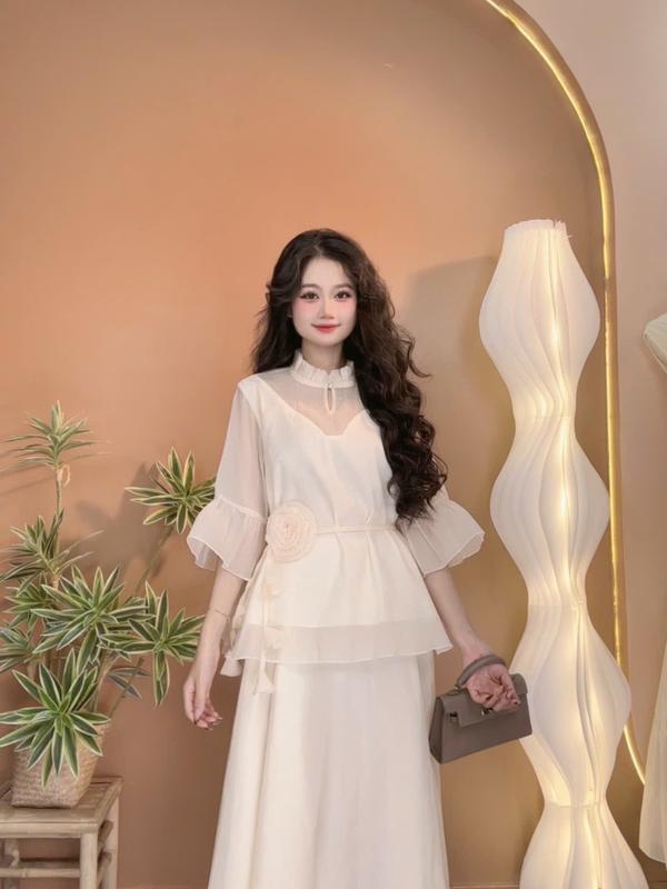 Set Áo Tay Bồng Vải Voan Đi Biển Kèm Chân Váy Dài S85 cho Phong Cách Biển Sang Trọng Size S/M Chất Liệu Mềm Mại Thoáng Mát