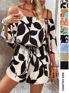 Mono de mujer con estampado de hojas y hombros descubiertos, mono informal con manga con volante para verano, ropa de mujer de moda para vacaciones en la playa