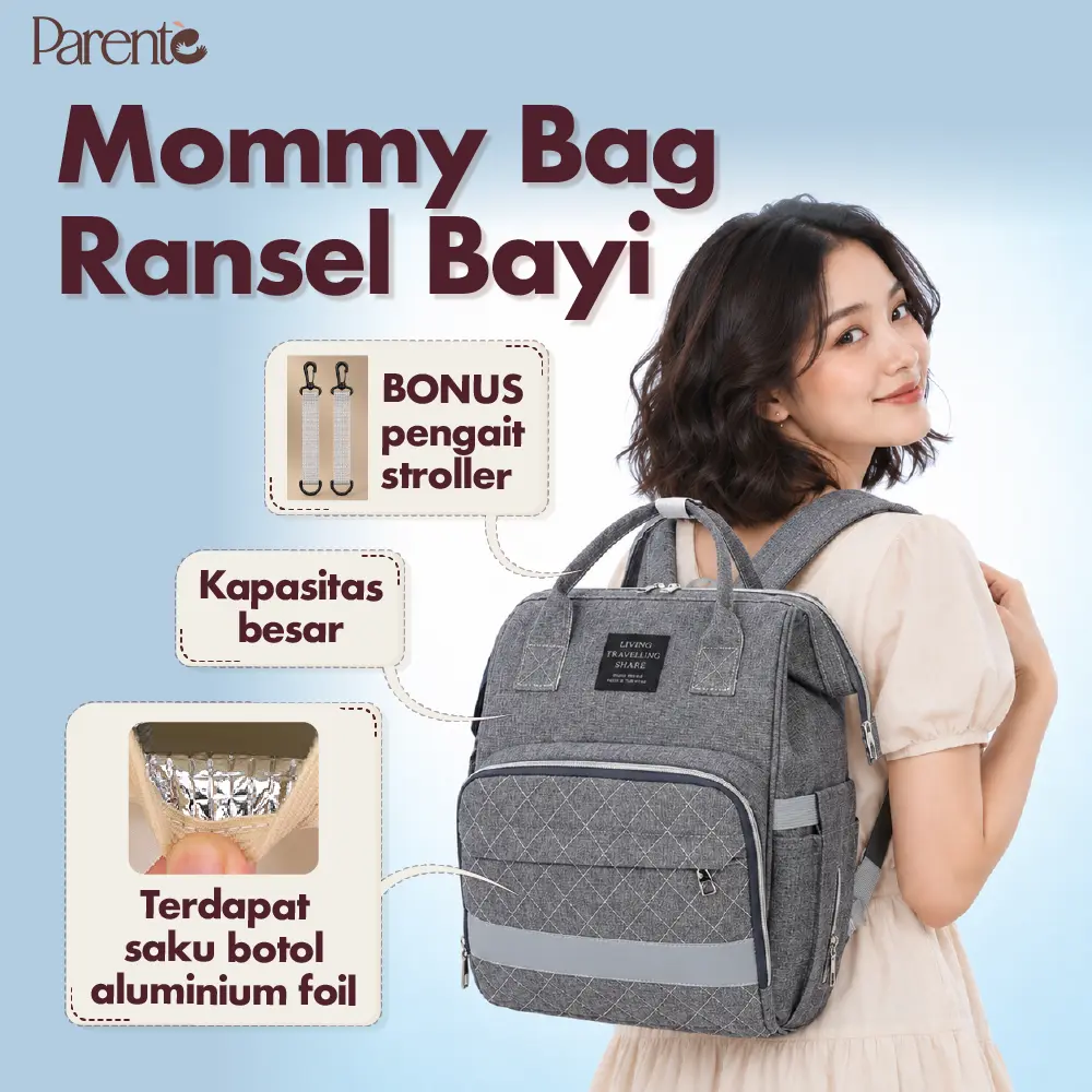 Parente Mommy Bag Ransel Bayi – Anti Air, Tahan Cuaca, Muat Banyak & Nyaman Dipakai Jalan PR048