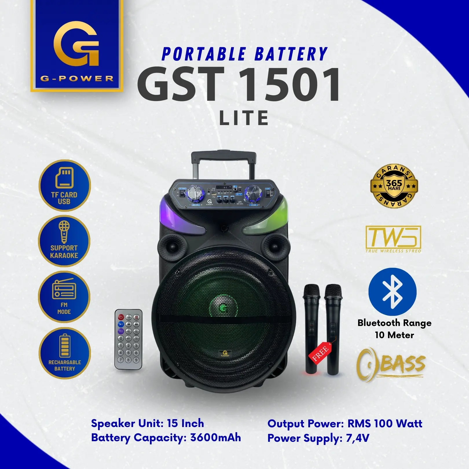 G-POWER Speaker Bluetooth Gst-1501 Lite 15 inch - Speaker Karaoke Portable 2 Mic Wireless Bass Jernih Garansi Resmi