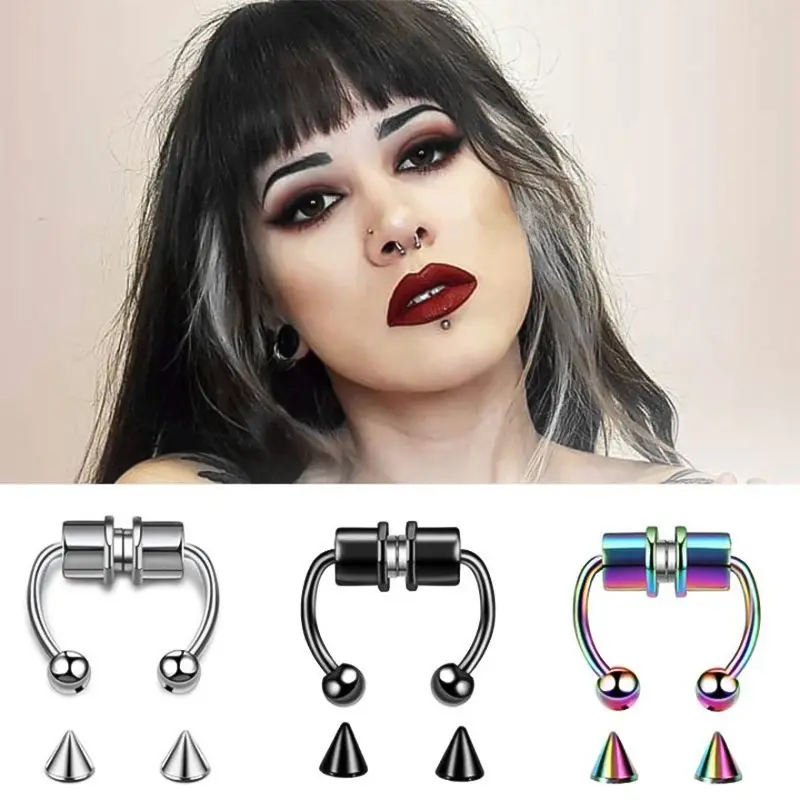 【Nosworthy】1 Pc Cincin Tindik Hidung Palsu Bentuk U Bahan Stainless Steel Magnet Gaya Punk Rock Z