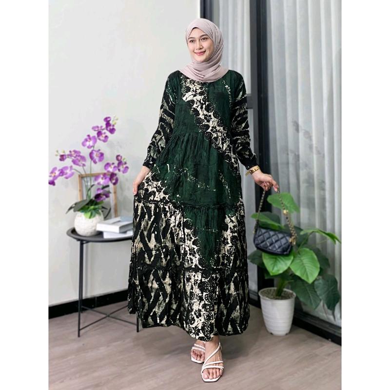 Zaneera Batik - Gamis Twill Ori Cap Malaman Pekalongan Rayon Premium Tebal Berkualitas Motif Tiara Series Dress Muslim Wanita Terbaru Model Susun Rempel Karet Nyaman Lembut 5