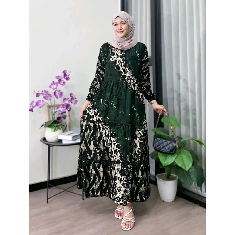 Zaneera Batik - Gamis Twill Ori Cap Malaman Pekalongan Rayon Premium Tebal Berkualitas Motif Tiara Series Dress Muslim Wanita Terbaru Model Susun Rempel Karet Nyaman Lembut 4