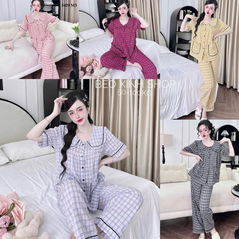 Đồ Bộ - Đồ Ngủ Tay Ngắn Quần Dài Vải Xốp Caro Cao Cấp Pijama Bigsize 50-100Kg Bộ Ngủ Nữ Béo Xinh Shop - A.5429