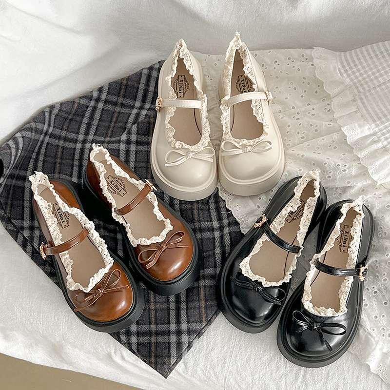   FORM RỘNG LÙI 1 SZ  Giày Búp Bê Nữ Đế Cao 5CM Đính Nơ Mix Viền Ren Tiểu Thư Phong Cách Hàn Quốc H159 